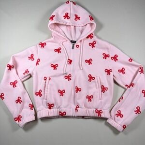 Angel Cult Pink Red Bow Print Zip Up Hoodie Cropped Sweatshirt Small Coquette